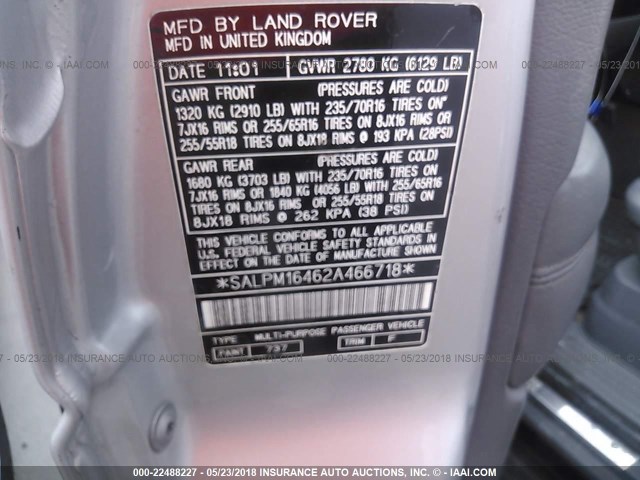 SALPM16462A466718 - 2002 LAND ROVER RANGE ROVER 4.6 HSE LONG WHEELBASE SILVER photo 9