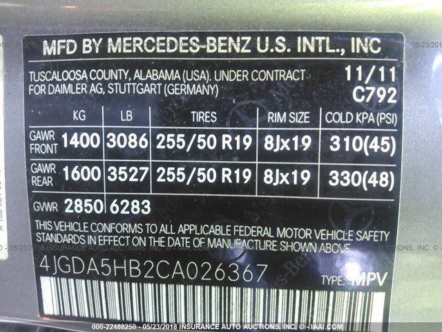 4JGDA5HB2CA026367 - 2012 MERCEDES-BENZ ML 350 4MATIC SILVER photo 9