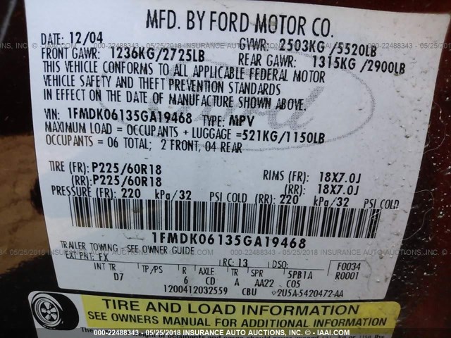 1FMDK06135GA19468 - 2005 FORD FREESTYLE LIMITED RED photo 9