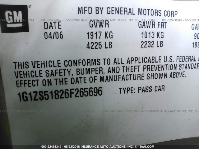 1G1ZS51826F265696 - 2006 CHEVROLET MALIBU LS 金色 照片 9