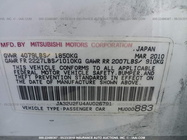 JA32U2FU4AU026791 - 2010 MITSUBISHI LANCER ES/ES SPORT WHITE photo 9