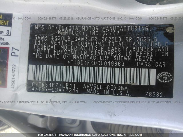 4T1BD1FK0CU019863 - 2012 TOYOTA CAMRY HYBRID/LE/XLE 银色 照片 9