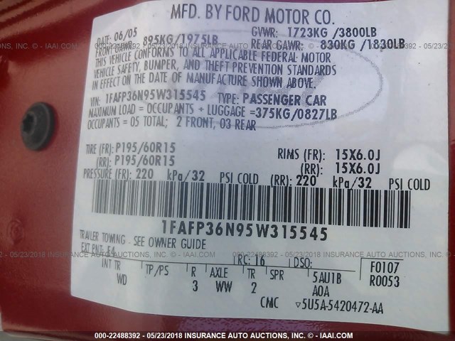 1FAFP36N95W315545 - 2005 FORD FOCUS ZXW RED photo 9