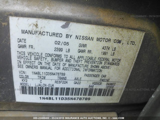 1N4BL11D35N478789 - 2005 NISSAN ALTIMA SE/SL/SE-R TAN photo 9