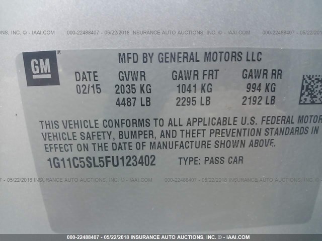 1G11C5SL5FU123402 - 2015 CHEVROLET MALIBU 1LT ვერცხლისფერი ფოტო 9