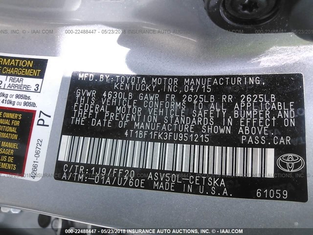 4T1BF1FK3FU951215 - 2015 TOYOTA CAMRY LE/XLE/SE/XSE SILVER photo 9