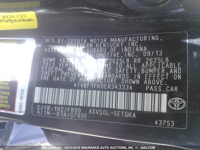 4T4BF1FK0ER343334 - 2014 TOYOTA CAMRY L/SE/LE/XLE 黑色 照片 9