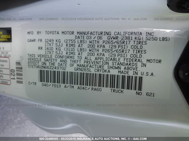 5TETU62N66Z249702 - 2006 TOYOTA TACOMA PRERUNNER ACCESS CAB WHITE photo 9