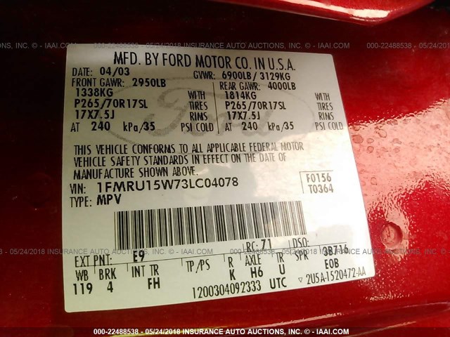 1FMRU15W73LC04078 - 2003 FORD EXPEDITION XLT RED photo 9