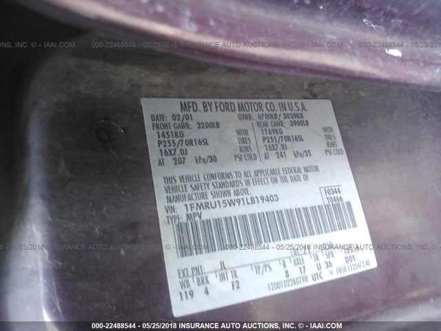 1FMRU15W91LB19403 - 2001 FORD EXPEDITION XLT 紫色 照片 9