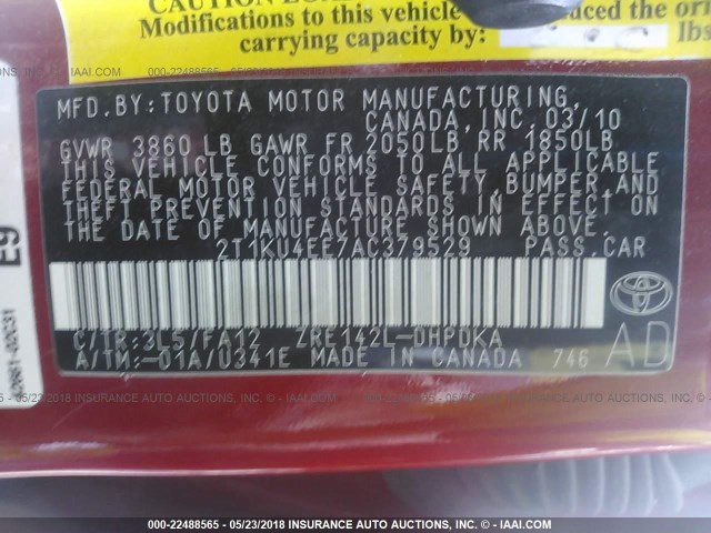 2T1KU4EE7AC379529 - 2010 TOYOTA COROLLA MATRIX  RED photo 9