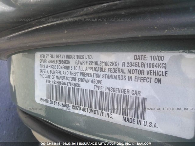 4S3BH686417628634 - 2001 SUBARU LEGACY OUTBACK LIMITED GREEN photo 9
