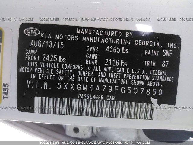 5XXGM4A79FG507850 - 2015 KIA OPTIMA LX WHITE photo 9