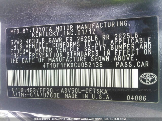 4T1BF1FKXCU052136 - 2012 TOYOTA CAMRY SE/LE/XLE ლურჯი ფოტო 9