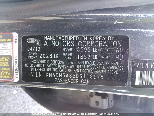 KNADN5A35D6113175 - 2013 KIA RIO EX/SX GRAY photo 9