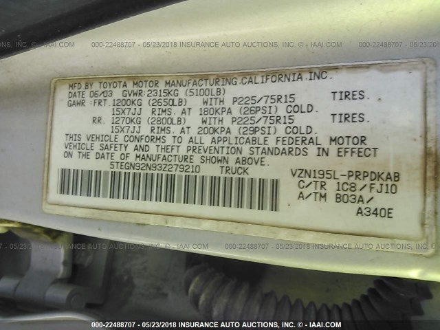 5TEGN92N93Z279210 - 2003 TOYOTA TACOMA DOUBLE CAB PRERUNNER SILVER photo 9