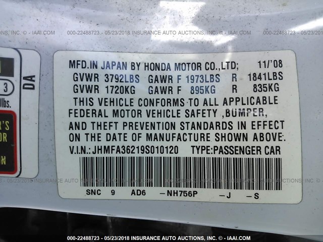 JHMFA36219S010120 - 2009 HONDA CIVIC HYBRID WHITE photo 9