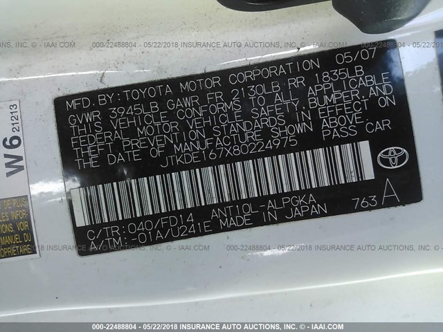 JTKDE167X80224975 - 2008 TOYOTA SCION TC 白色 照片 9