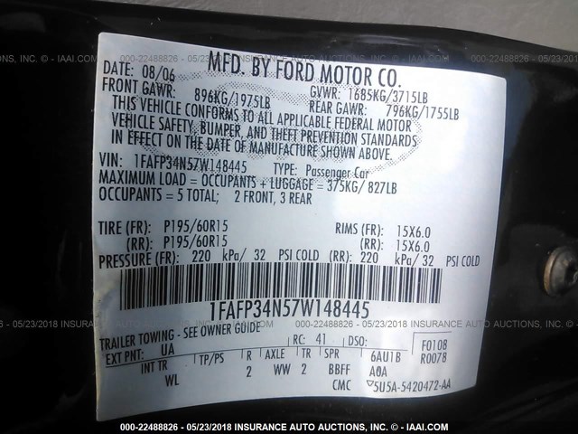 1FAFP34N57W148445 - 2007 FORD FOCUS ZX4/S/SE/SES BLACK photo 9