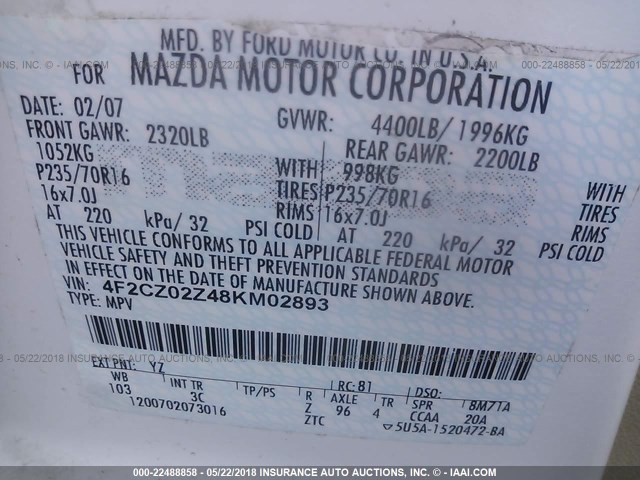 4F2CZ02Z48KM02893 - 2008 MAZDA TRIBUTE I WHITE photo 9