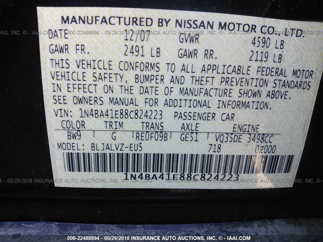 1N4BA41E88C824223 - 2008 NISSAN MAXIMA SE/SL BLUE photo 9