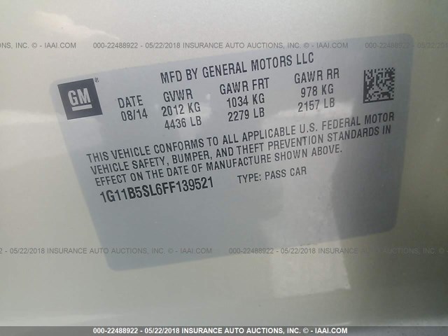 1G11B5SL6FF139521 - 2015 CHEVROLET MALIBU LS GOLD photo 9