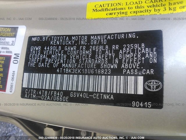 4T1BK3EK1BU618823 - 2011 TOYOTA CAMRY SE/LE/XLE 金色 照片 9