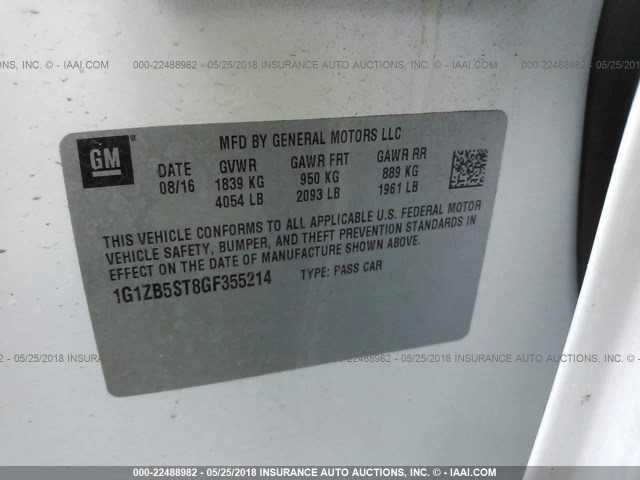 1G1ZB5ST8GF355214 - 2016 CHEVROLET MALIBU LS 白色 照片 9