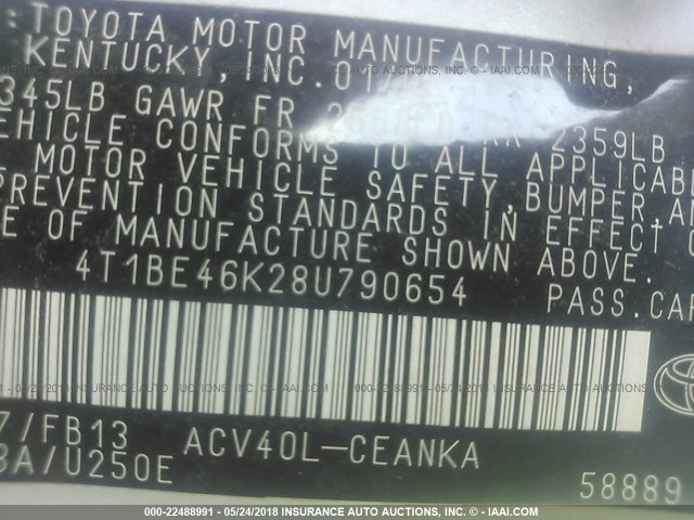 4T1BE46K28U790654 - 2008 TOYOTA CAMRY CE/LE/XLE/SE SILVER photo 9