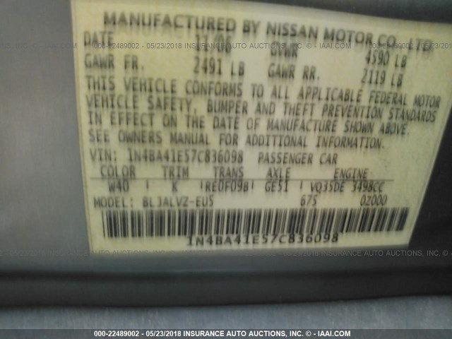 1N4BA41E57C836098 - 2007 NISSAN MAXIMA SE/SL GRAY photo 9