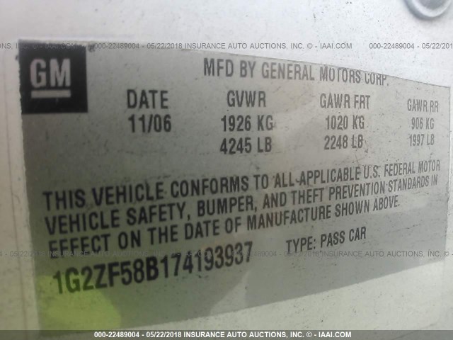 1G2ZF58B174193937 - 2007 PONTIAC G6 VALUE LEADER/BASE WHITE photo 9