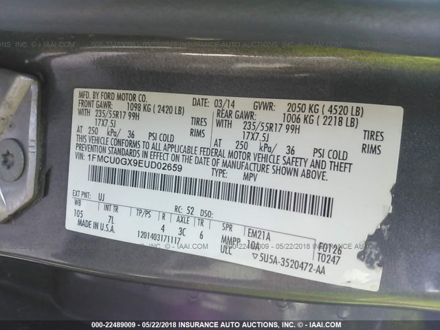 1FMCU0GX9EUD02659 - 2014 FORD ESCAPE SE SILVER photo 9