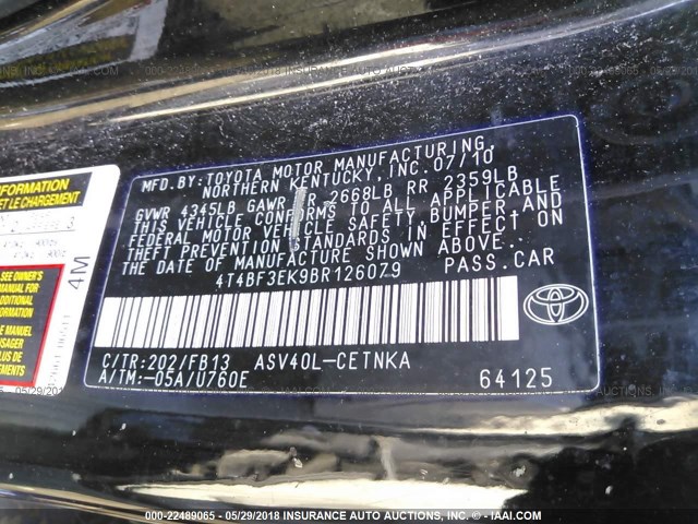 4T4BF3EK9BR126079 - 2011 TOYOTA CAMRY SE/LE/XLE შავი ფოტო 9