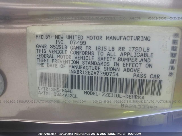 1NXBR12E2XZ290754 - 1999 TOYOTA COROLLA VE/CE/LE 棕色 照片 9