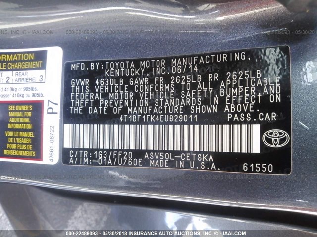 4T1BF1FK4EU829011 - 2014 TOYOTA CAMRY L/SE/LE/XLE ნაცრისფერი ფოტო 9