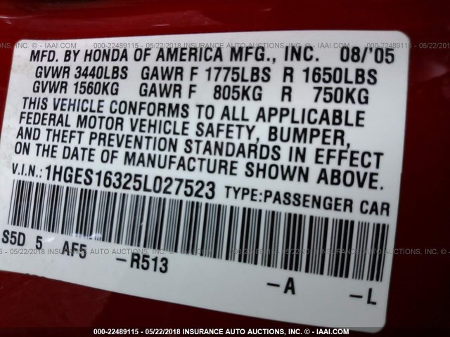 1HGES16325L027523 - 2005 HONDA CIVIC DX VP 红色 照片 9