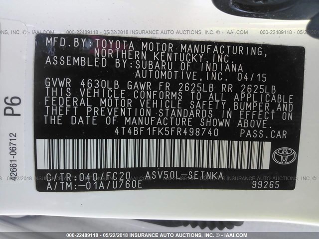 4T4BF1FK5FR498740 - 2015 TOYOTA CAMRY LE/XLE/SE/XSE თეთრი ფოტო 9