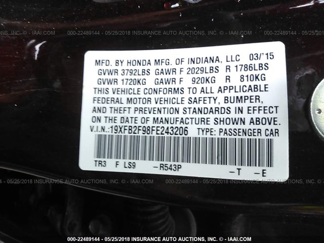 19XFB2F98FE243206 - 2015 HONDA CIVIC EXL მუქწითელი ფოტო 9