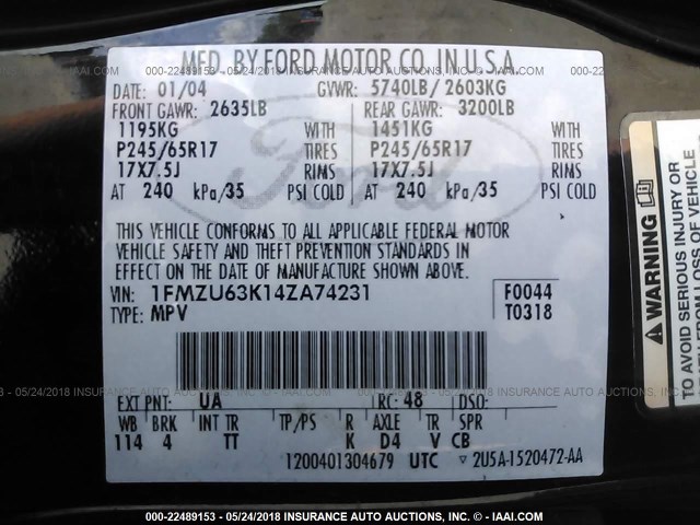 1FMZU63K14ZA74231 - 2004 FORD EXPLORER XLT/XLT SPORT/NBX 黑色 照片 9