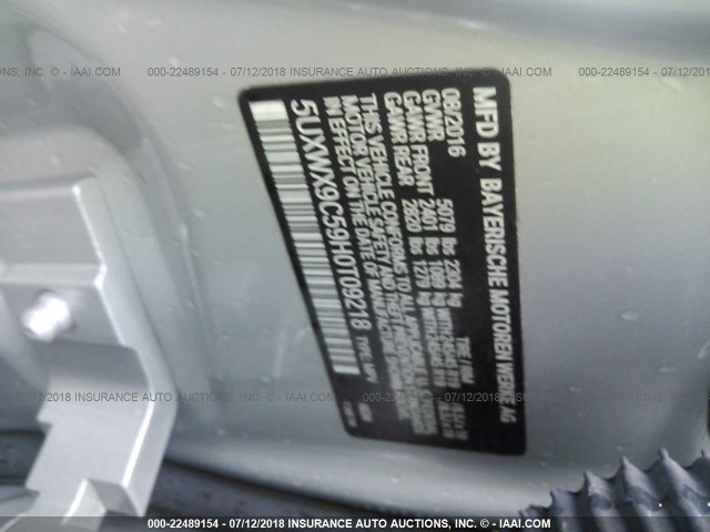 5UXWX9C59H0T09218 - 2017 BMW X3 XDRIVE28I SILVER photo 9