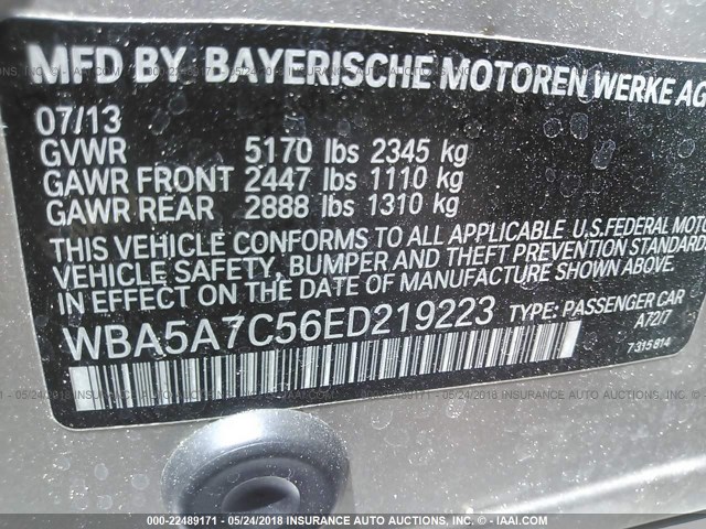 WBA5A7C56ED219223 - 2014 BMW 528 XI SILVER photo 9