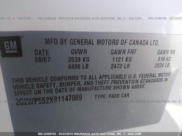 2G2WP552X81147069 - 2008 PONTIAC GRAND PRIX WHITE photo 9