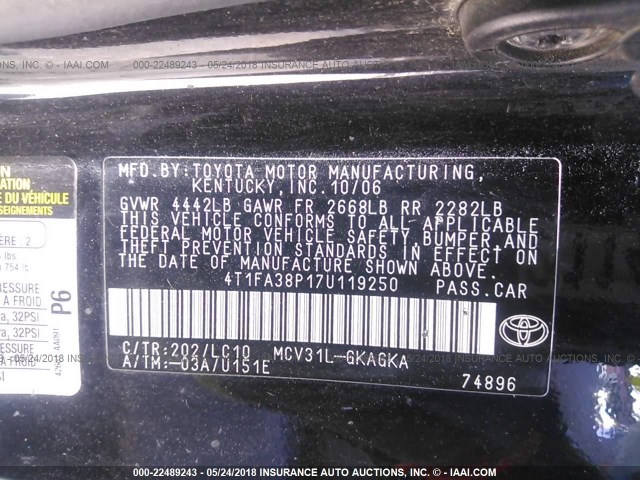 4T1FA38P17U119250 - 2007 TOYOTA CAMRY SOLARA SE/SLE BLACK photo 9