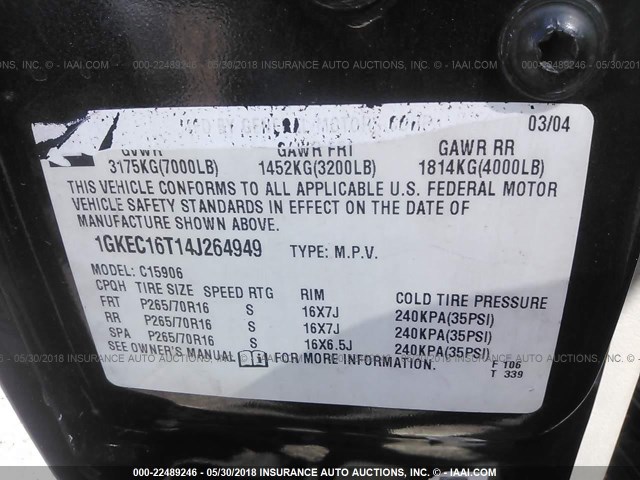 1GKEC16T14J264949 - 2004 GMC YUKON XL C1500 BLACK photo 9