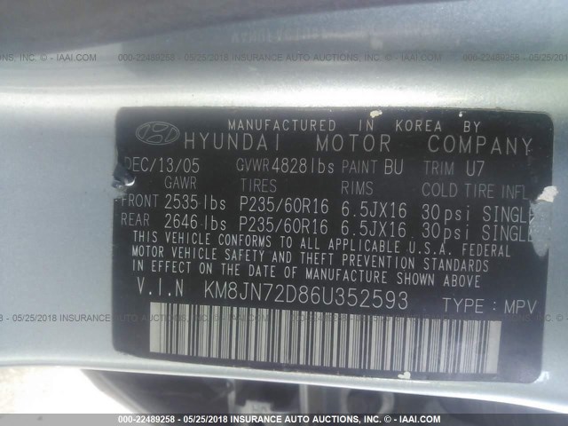 KM8JN72D86U352593 - 2006 HYUNDAI TUCSON GLS/LIMITED Light Blue photo 9