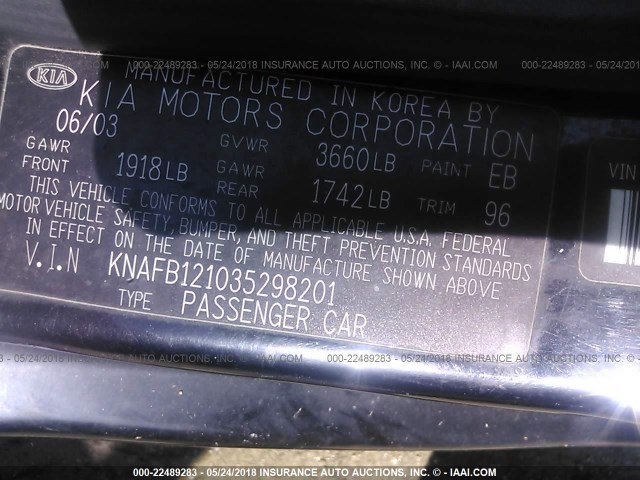 KNAFB121035298201 - 2003 KIA SPECTRA LS BLACK photo 9