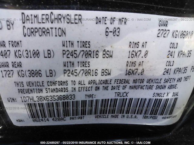 1D7HL38X63S368033 - 2003 DODGE DAKOTA QUAD SPORT Dark Blue photo 9