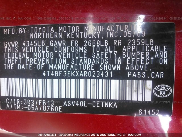 4T4BF3EKXAR023431 - 2010 TOYOTA CAMRY SE/LE/XLE 红色 照片 9