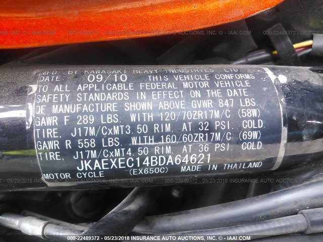 JKAEXEC14BDA64621 - 2011 KAWASAKI EX650 C 橙色 照片 10