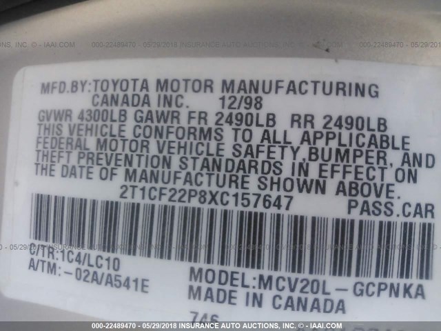 2T1CF22P8XC157647 - 1999 TOYOTA CAMRY SOLARA SE/SLE SILVER photo 9